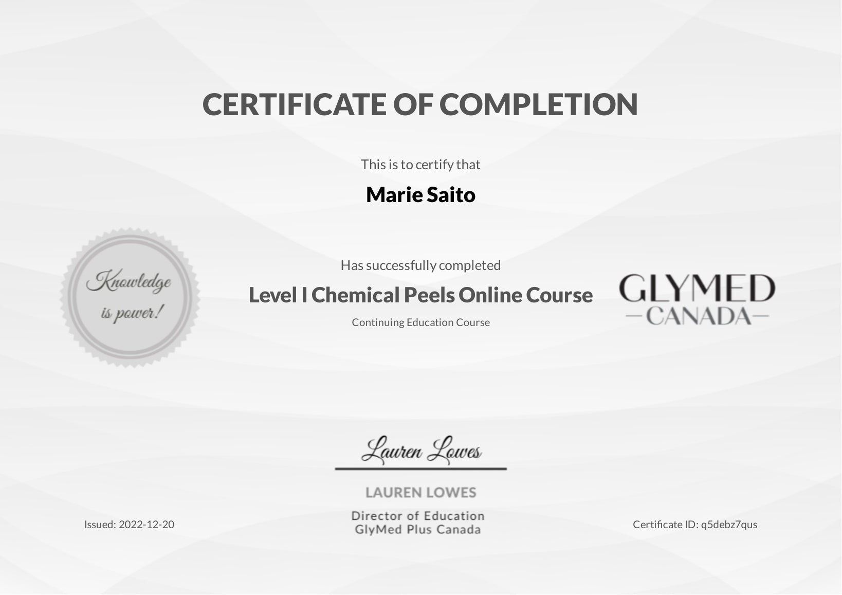 Glymed Plus Peel Certificate